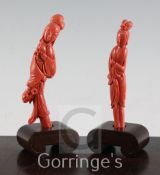 Two Chinese tall coral figures of ladies, 15.5cm & 16.2cm incl. wood stands