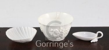 A Bow prunus sprig tea bowl, and English porcelain pap boat and a similar shell moulded pickle dish,