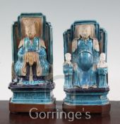 Two Chinese Fahua-decorated figures, Ming dynasty, the first modelled as a seated figure of the jade