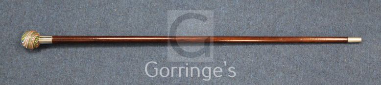 A tiger-wood walking stick, with Murano spiral twist glass knob handle, 35.5in.