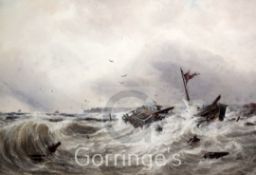 Thomas Bush Hardy (1842-1897)watercolour,Shipwreck on the coast,signed and dated 1872,18 x 27in.