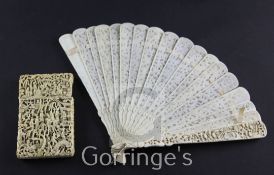 A Chinese export ivory card case and a similar brise fan, 19th century, the case and guards of the