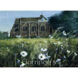 Paul Evans (20th C.)gouache,Church viewed from a field,signed,8.75 x 11.75in.