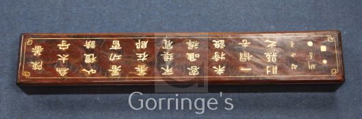 A Chinese rosewood and bone inlaid scroll box, 19th century, possibly Huanghuali, inlaid with