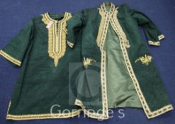 Two Turkish green silk jackets, with raised scrollwork borders