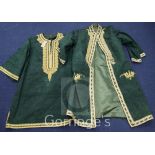 Two Turkish green silk jackets, with raised scrollwork borders