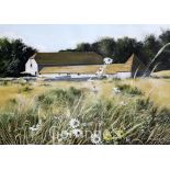 Paul Evans (20th C.)gouache,Flint barns from the field,signed,13.5 x 19in.