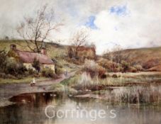 Wiggs Kinnaird (1875-1915)watercolour,Lakeside cottage with figures on a path,signed,18 x 24in.