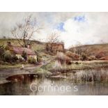 Wiggs Kinnaird (1875-1915)watercolour,Lakeside cottage with figures on a path,signed,18 x 24in.