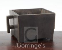 A Chinese bronze rectangular censer, Fang Ding, Xuande six character mark, 18cm across, 9cm