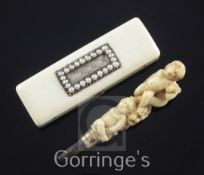 A Regency split pearl set ivory toothpick box, 3in. and a 19th century etui handle carved with