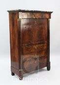A Charles X flame mahogany secretaire à abattant, with grey marble top, W.3ft 1in.