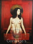 Rang Ming Yiacrylic on canvas,Nude and Chinese cabinet,signed,40.5 x 30.5in., unframed