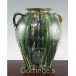 A Studio pottery green, yellow and blue drizzle glazed two handled jar, 33cm