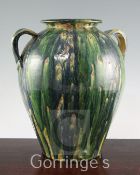 A Studio pottery green, yellow and blue drizzle glazed two handled jar, 33cm