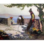 M A Lyndoil on canvasNeapolitan fruit pickers overlooking the coast,signed,22 x 27in.