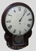 A William IV mahogany drop dial wall timepiece, painted Roman hour and numeral dial, pewter inlay,