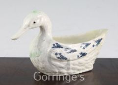 An English Creamware 'duck' sauceboat, c.1780, highlighted in blue and green, 17cm, restorations