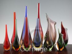 Eleven Murano Sommerso glass vases, 1950's-70's, of bottle and free-form, various colours, 18cm -