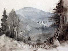 Samuel Prout (1783-1852)watercolour,Travellers in an alpine landscape,Manning Gallery's label