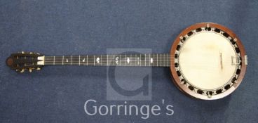 An early 20th century inlaid rosewood resonator banjo, 39in.