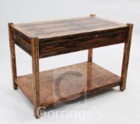 A modern brass strung rosewood and burr wood occasional table, with end drawers, W.3ft 5in.