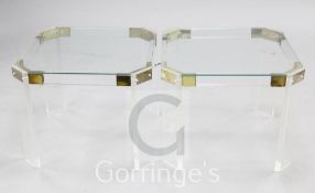 A pair of modern brass mounted perspex occasional tables, W.1ft 8in.