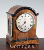 A Victorian ebonised and burr walnut single fusee mantel timepiece, 10.5in.