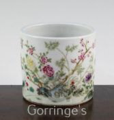 A Chinese famille rose brush pot, Xianfeng mark but later, finely painted with flowers, bamboo and