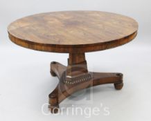 A Regency rosewood breakfast table, with triangular stem and platform, W.4ft