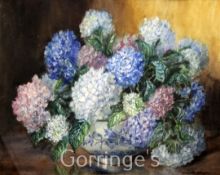 Marion Broom (Exh.1925-1939)watercolour,Still life of Hydrangeas in a delft bowl,signed,21.5 x 29.