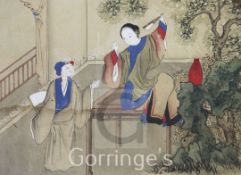 Chinese School, late 19th /early 20th century. A pair of paintings of romantic scenes, banded