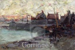 W. Watsonoil on canvas,Fishing village at sunset,signed,8 x 12in.