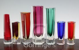 Seven Murano Sommerso glass faceted vases, 1950's-70's, two triangular, four hexagonal and one