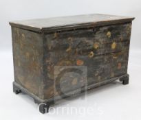 An antique pine trunk, painted and lacquered with chinoiserie style decoration, W.4ft