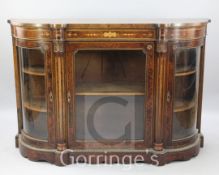 A Victorian burr walnut, burr yew and marquetry credenza, with three glazed doors and ormolu mounts,