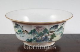 A Chinese famille rose 'landscape' bowl, Qianlong seal mark, 19th century, painted with pavilions in