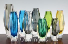 Nine Murano Sommerso and coloured glass faceted vases, possibly Mandruzzato, 1960's-70's, various