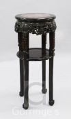 A late 19th century Chinese hardwood two tier occasional table, with marble inset top, W.1ft 3in.