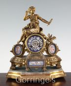 A 19th century French ormolu and Sevres style porcelain mantel clock, 12in.