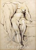 Franklin White (Australian 1892-1975)sepia ink with red and white chalk,Leaning figure,signed,14 x