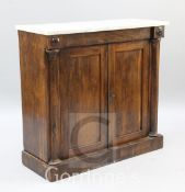 An early Victorian marble topped rosewood side cabinet, W.3ft 2in.