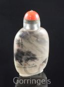 A Chinese inside painted glass snuff bottle, decorated to each side with figures in a landscape,