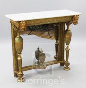 A giltwood and composite console table, with vase turned supports and white marble top, W.3ft 1in.