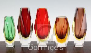 Five Murano Sommerso faceted glass vases, possibly Mandruzzato, 1960's-70's, various colours, 15.5cm