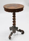 An early Victorian rosewood occasional table, with twist stem and scroll carved tripod, W.1ft 6in.
