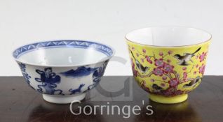 A Chinese Empress Dowager pattern enamelled porcelain cup and a Chinese blue and white bowl, the cup