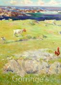 Henry Young Alison (1889-1972)oil on canvas,Chickens and cattle in a coastal field,24 x 18in.