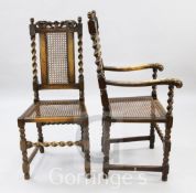 A set of seven Jacobean revival caned beech dining chairs, including one carver