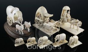 Three Indian Company School ivory groups and four graduated ivory elephant figures, 19th / early